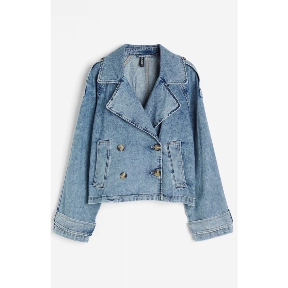 HM Divided Womens Blue Denim Double Breasted Cropped Jacket Medium Wash M